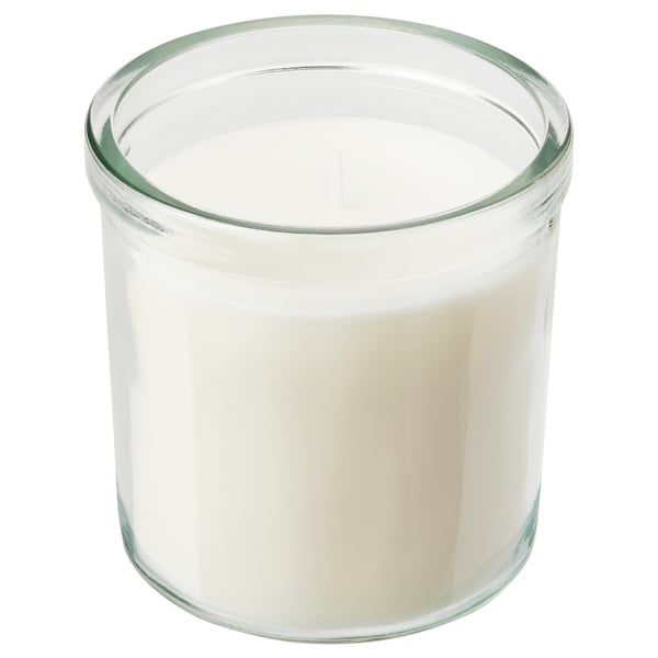 JÄMLIK Bougie parfumée dans verre, vanille/beige clair, 40 hr