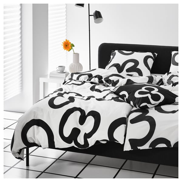 KLIPPBRÄCKA Housse de couette et 1 taie, blanc/noir, 150x200/50x60 cm