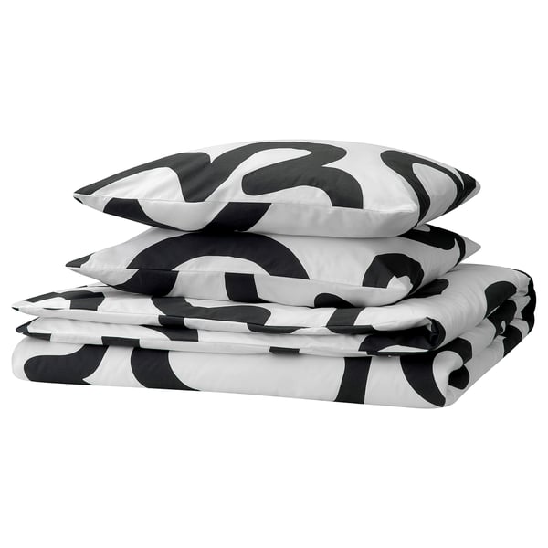 KLIPPBRÄCKA Housse de couette et 2 taies, blanc/noir, 240x220/50x60 cm