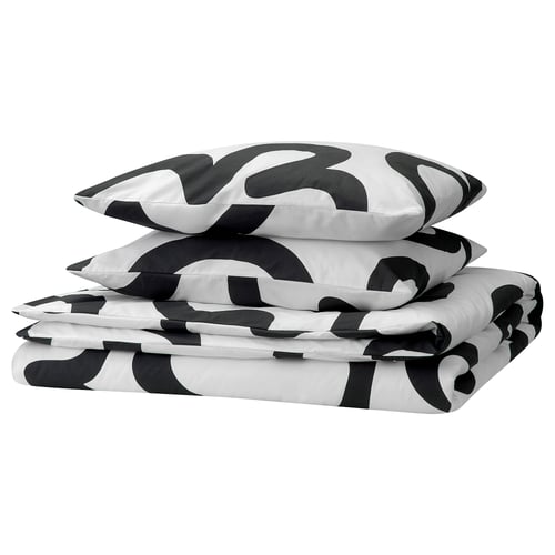 KLIPPBRÄCKA Housse de couette et 2 taies, blanc/noir, 240x220/50x60 cm
