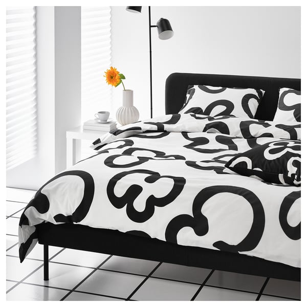 KLIPPBRÄCKA Housse de couette et 2 taies, blanc/noir, 240x220/50x60 cm