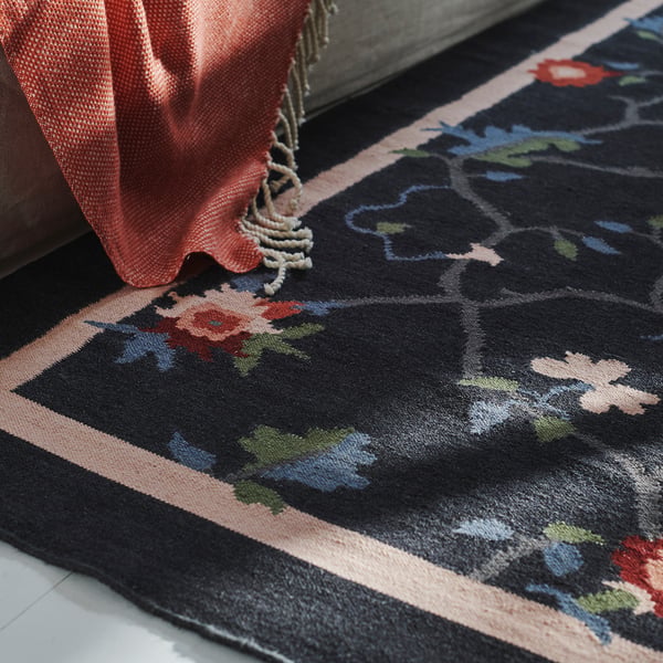 KLOCKBUSKE Tapis tissé à plat, gris foncé/fleur, 160x230 cm