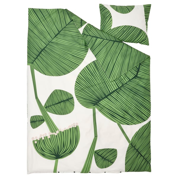KUNGSCISSUS Housse de couette et 1 taie, blanc/vert, 150x200/50x60 cm