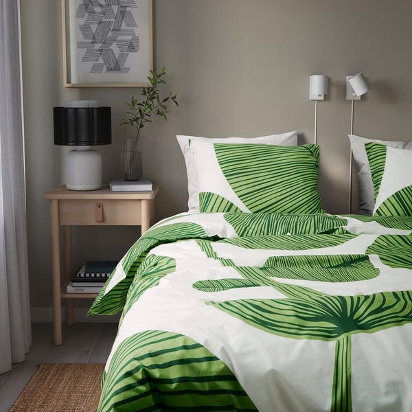 KUNGSCISSUS Housse de couette et 1 taie, blanc/vert, 150x200/50x60 cm