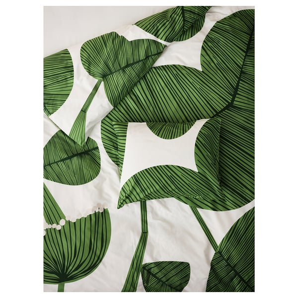 KUNGSCISSUS Housse de couette et 1 taie, blanc/vert, 150x200/50x60 cm