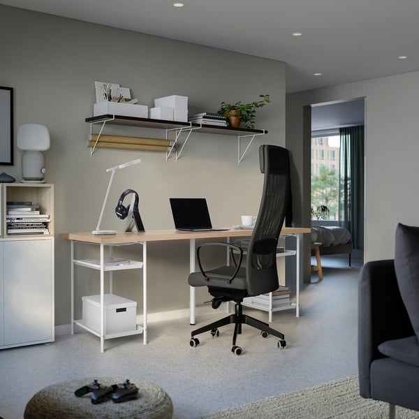 LAGKAPTEN / SPÄND Bureau, plaqué chêne blanchi/blanc, 200x60 cm