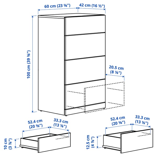 LASTARE Commode 4 tiroirs, blanc, 60x42x100 cm