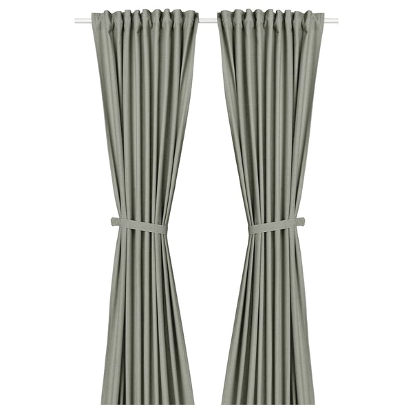 LENDA Rideaux+embrasses, 2 pcs, gris-vert clair/ruflette, 140x300 cm