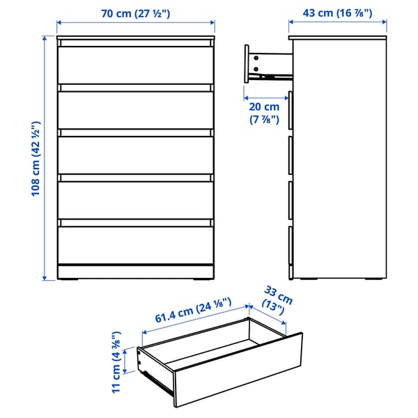 LILLBERGET Commode 5 tiroirs, blanc, 70x43x108 cm