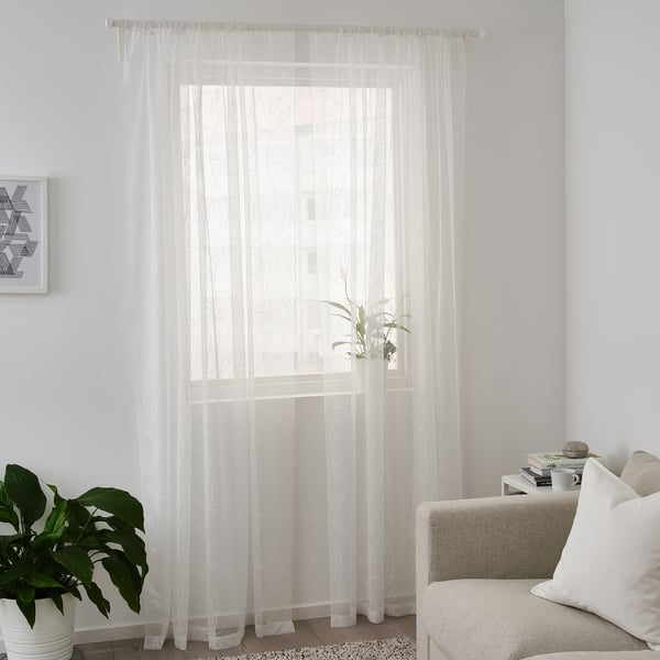 LILLEGERD Voilage, 2 pièces, blanc feuille/avec ourlet pour tringle, 145x300 cm
