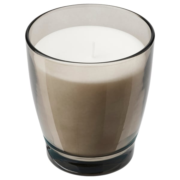 LINDLÖNNSKOG Bougie parfumée dans verre, vanille/gris, 50 hr