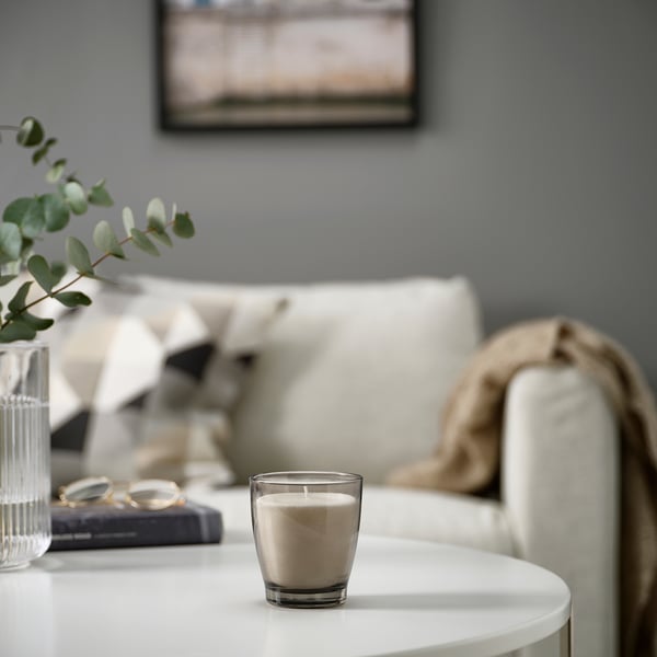 LINDLÖNNSKOG Bougie parfumée dans verre, vanille/gris, 50 hr