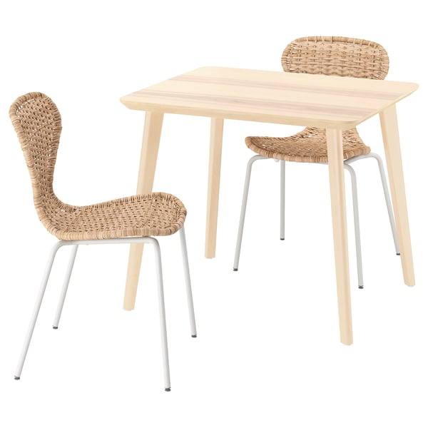 LISABO / ÄLVSTA Table et 2 chaises, plaqué frêne/rotin blanc, 88x78 cm