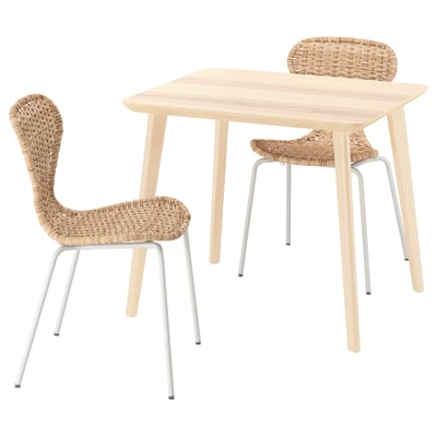 LISABO / ÄLVSTA Table et 2 chaises, plaqué frêne/rotin blanc, 88x78 cm