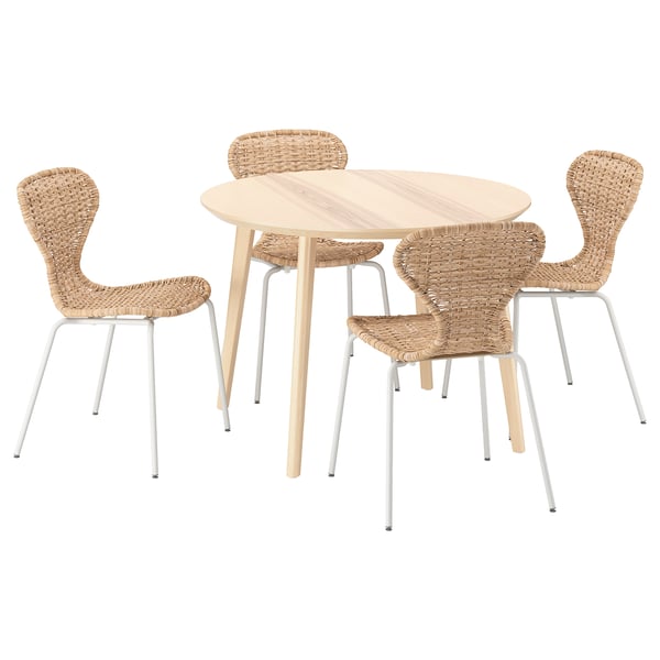 LISABO / ÄLVSTA Table et 4 chaises, plaqué frêne/rotin blanc, 105 cm