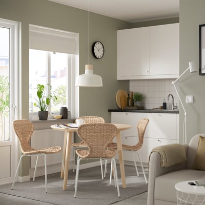 LISABO / ÄLVSTA Table et 4 chaises, plaqué frêne/rotin blanc, 105 cm