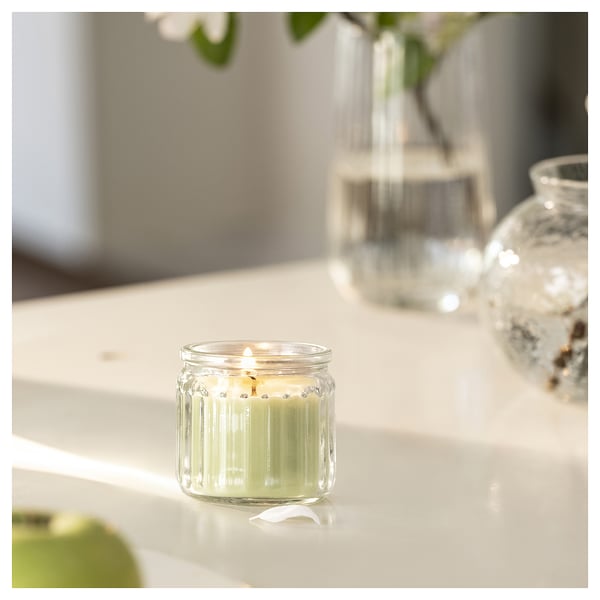 LÖVSKOGSLUND Bougie parfumée dans verre, pomme/vert clair, 12 hr