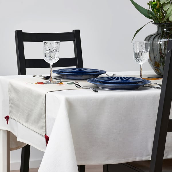 MÄVINN Chemin de table, blanc rouge/pompon, 35x130 cm