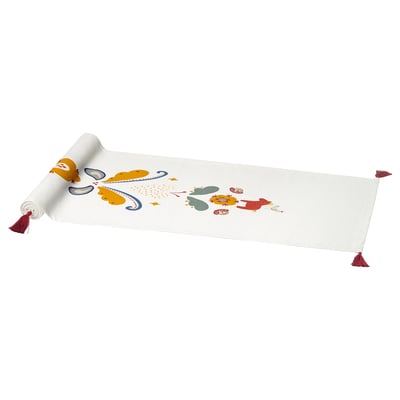 MÄVINN Chemin de table, blanc rouge/pompon, 35x130 cm