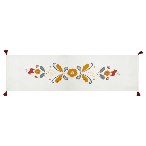 MÄVINN Chemin de table, blanc rouge/pompon, 35x130 cm