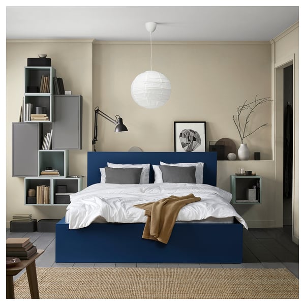 MALM Cadre lit, haut+4rgt, bleu/Luröy, 140x200 cm