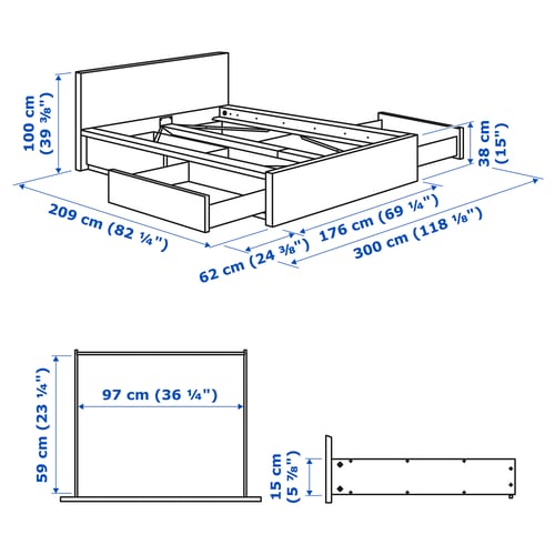 MALM Cadre lit, haut+4rgt, bleu, 160x200 cm