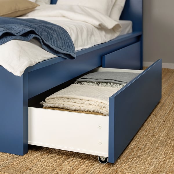 MALM Cadre lit, haut+4rgt, bleu, 160x200 cm
