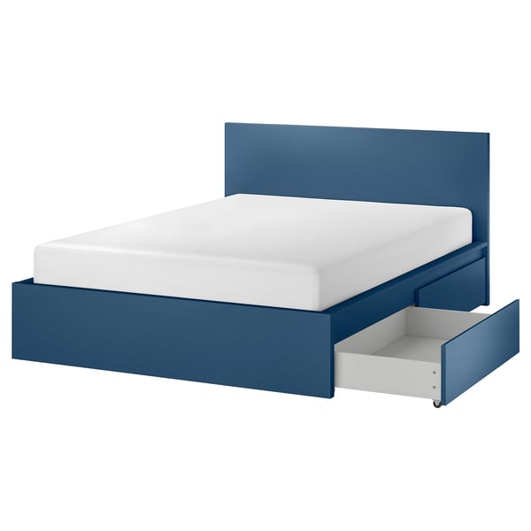 MALM Cadre lit, haut+4rgt, bleu, 160x200 cm