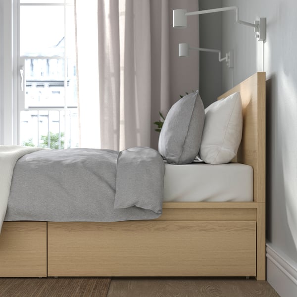 MALM Cadre lit, haut+4rgt, plaqué chêne blanchi/Luröy, 160x200 cm