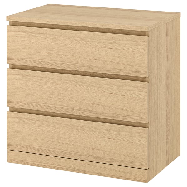 MALM Commode 3 tiroirs, plaqué chêne blanchi, 80x78 cm