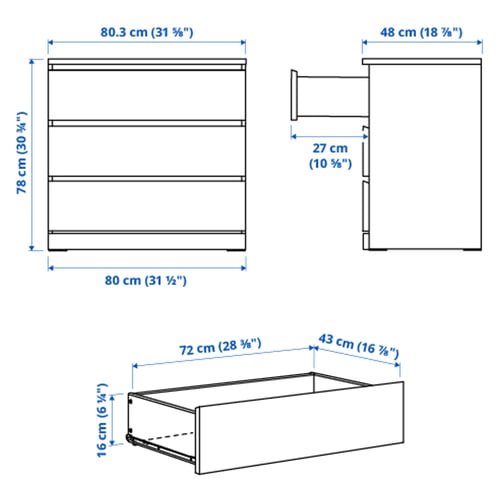 MALM Commode 3 tiroirs, plaqué chêne blanchi, 80x78 cm