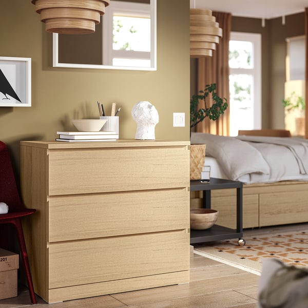 MALM Commode 3 tiroirs, plaqué chêne blanchi, 80x78 cm