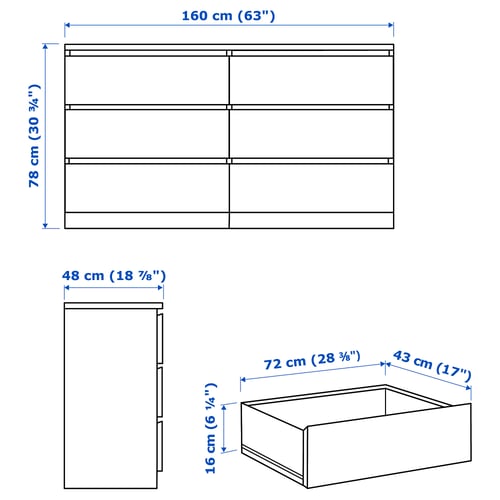 MALM Commode 6 tiroirs, brun noir, 160x78 cm