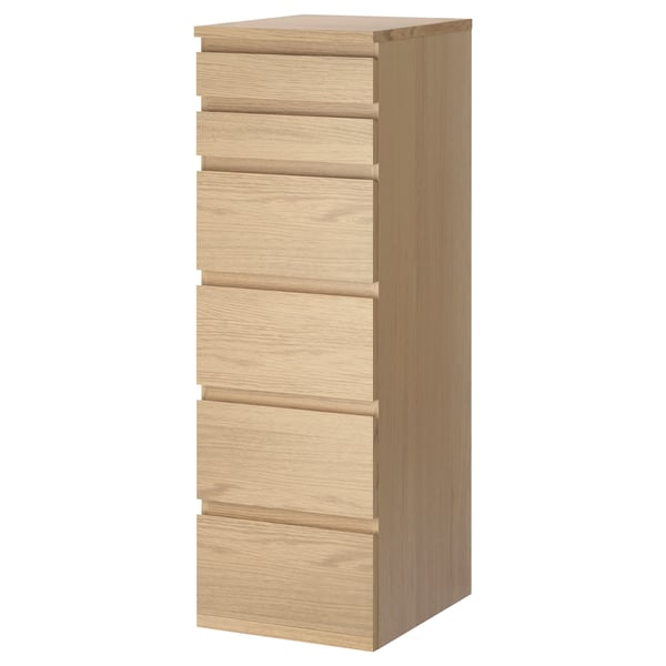 MALM Commode 6 tiroirs, plaqué chêne blanchi/miroir, 40x123 cm