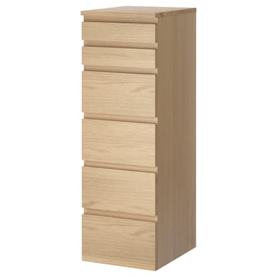 MALM Commode 6 tiroirs, plaqué chêne blanchi/miroir, 40x123 cm