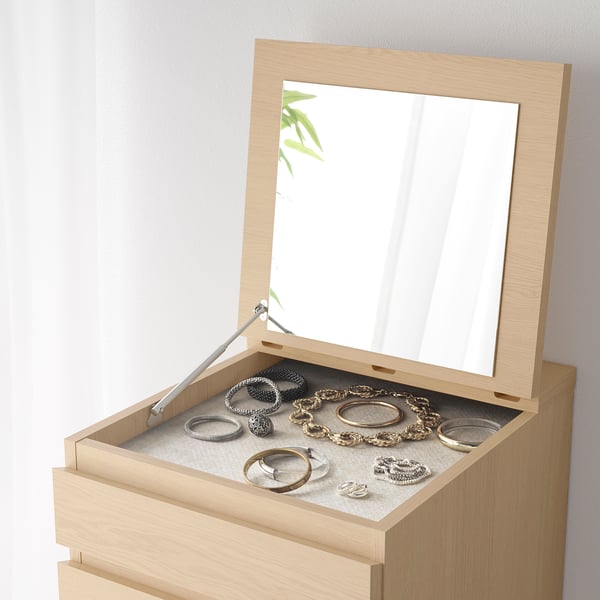 MALM Commode 6 tiroirs, plaqué chêne blanchi/miroir, 40x123 cm