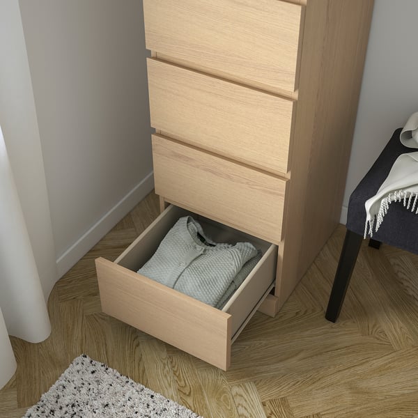 MALM Commode 6 tiroirs, plaqué chêne blanchi/miroir, 40x123 cm