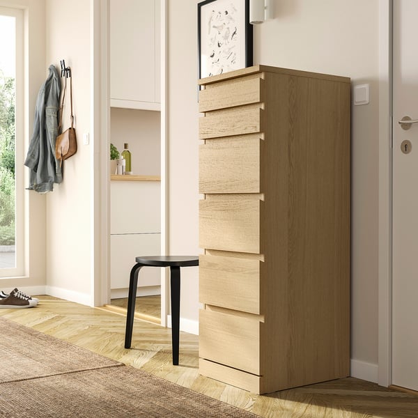 MALM Commode 6 tiroirs, plaqué chêne blanchi/miroir, 40x123 cm