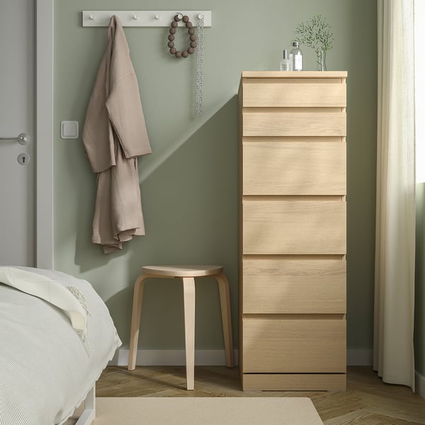 MALM Commode 6 tiroirs, plaqué chêne blanchi/miroir, 40x123 cm