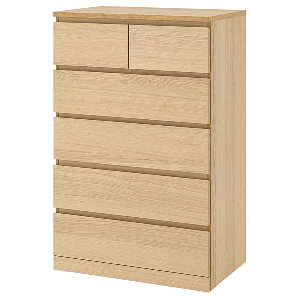 MALM Commode 6 tiroirs, plaqué chêne blanchi, 80x123 cm