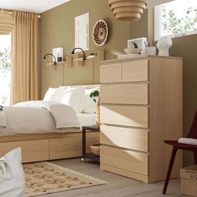 MALM Commode 6 tiroirs, plaqué chêne blanchi, 80x123 cm
