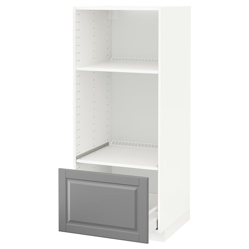 METOD Armoire four/micro-ondes + tiroir, blanc/Bodbyn gris, 60x60x140 cm