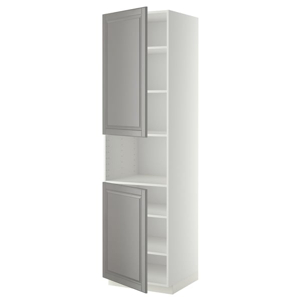 METOD Armoire micro-ondes+2ptes/tablette, blanc/Bodbyn gris, 60x60x220 cm