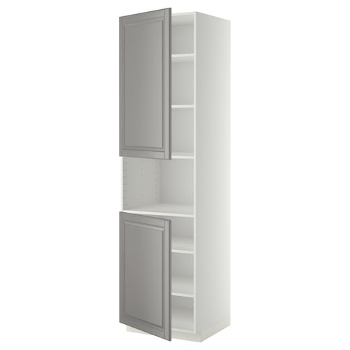 METOD Armoire micro-ondes+2ptes/tablette, blanc/Bodbyn gris, 60x60x220 cm