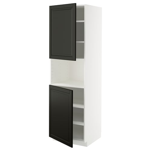 METOD Armoire micro-ondes+2ptes/tablette, blanc/Bodbyn noir, 60x60x200 cm