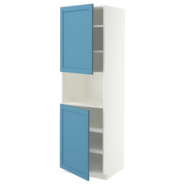METOD Armoire micro-ondes+2ptes/tablette, blanc/Lerhyttan bleu, 60x60x200 cm