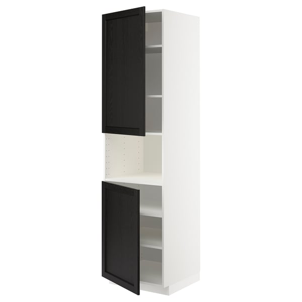 METOD Armoire micro-ondes+2ptes/tablette, blanc/Lerhyttan teinté noir, 60x60x220 cm
