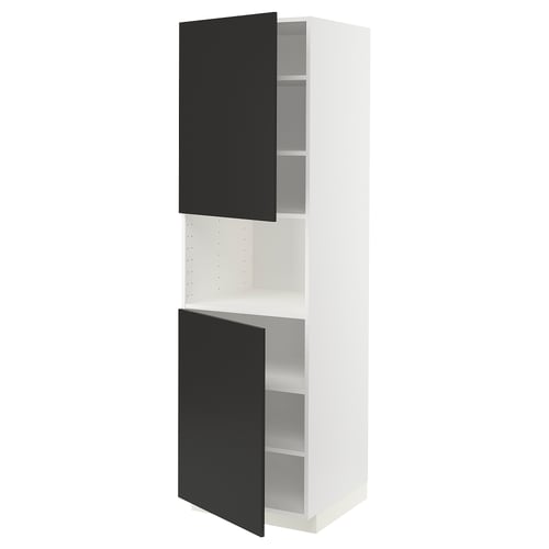METOD Armoire micro-ondes+2ptes/tablette, blanc/Nickebo anthracite mat, 60x60x200 cm