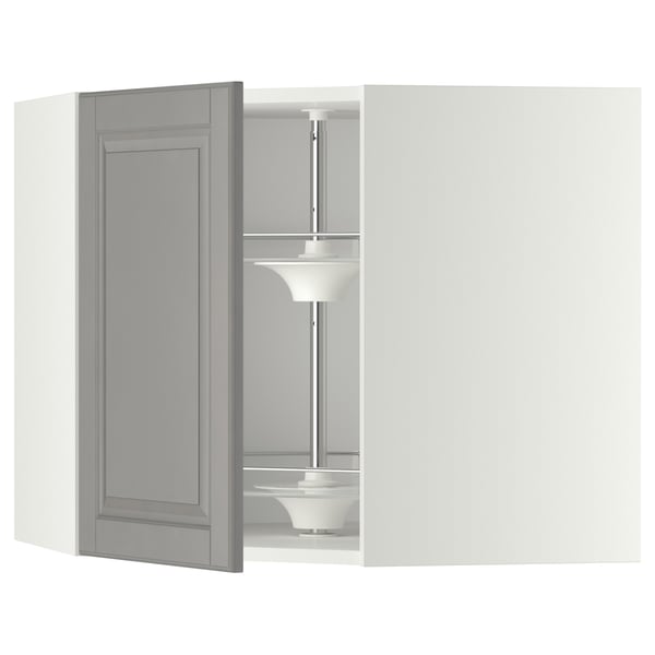 METOD Élément angle mural+rangement pivot, blanc/Bodbyn gris, 68x60 cm