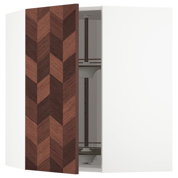 METOD Élément angle mural+rangement pivot, blanc Hasslarp/brun à motifs, 68x80 cm